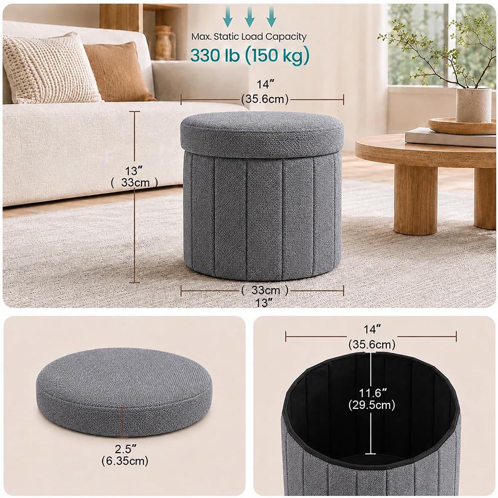 14Inch Chengjun Round linen-look fabric Storage Ottoman