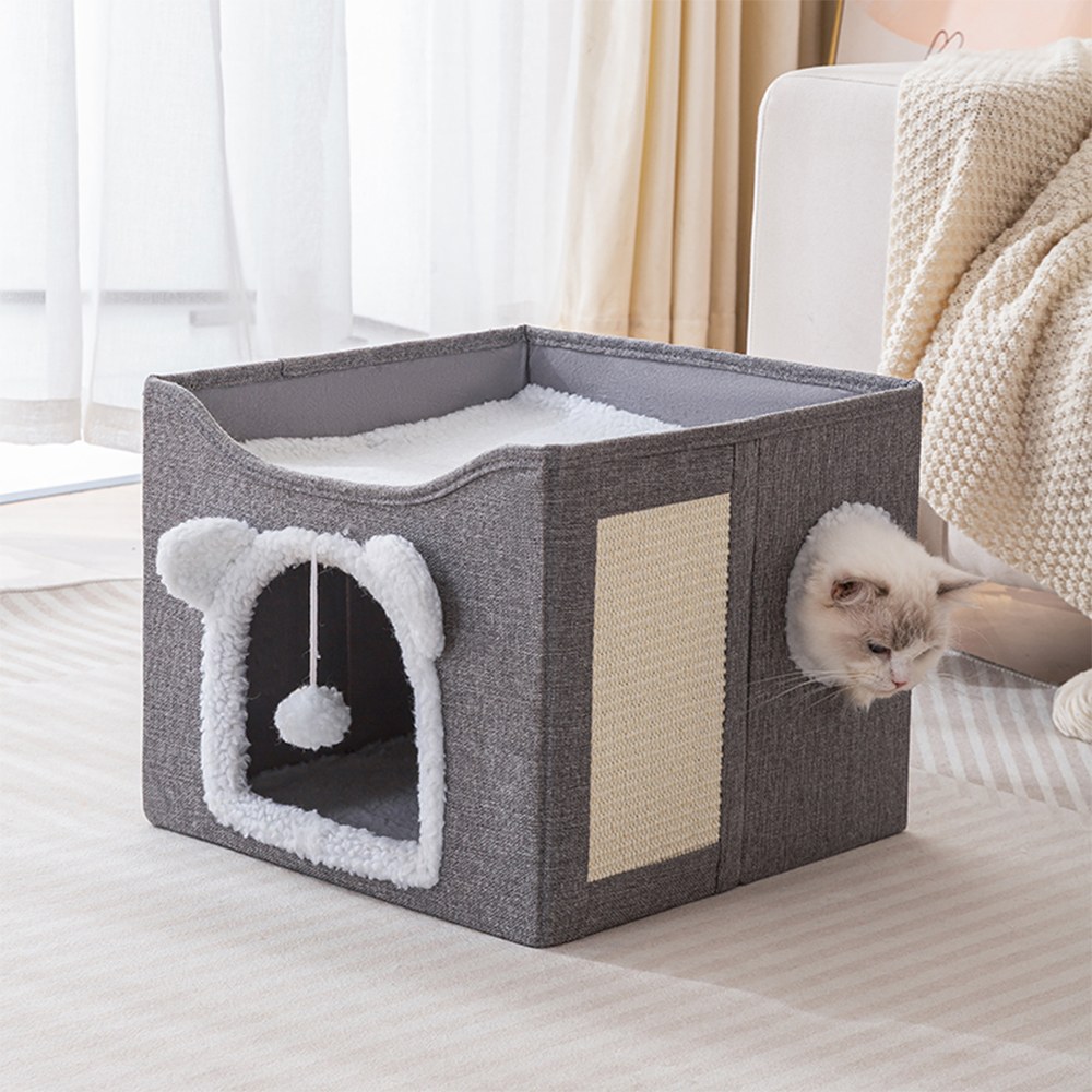 16Inch Chengjun Linen-look Fabric Cat Ear Entry Hole Square Cat House
