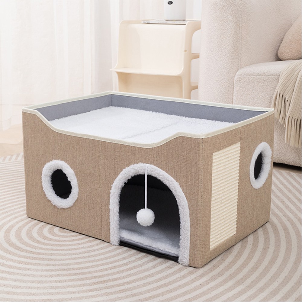 24Inch Extra Large Chengjun linen-look folding Scratching Panel cat nest with hinging plush ball