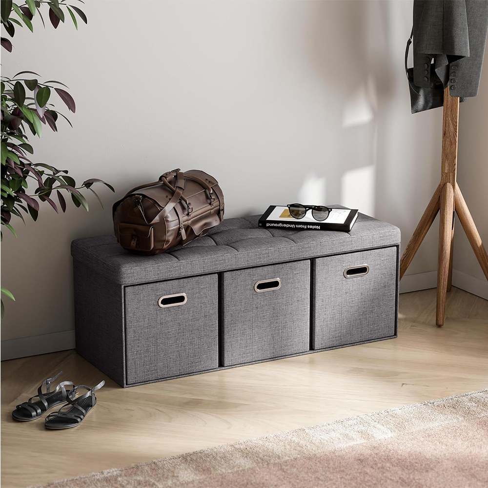 Chengjun 3 Person Use-Linen-Look Fabric 43 Inch Folding storage bench ottoman With drawer