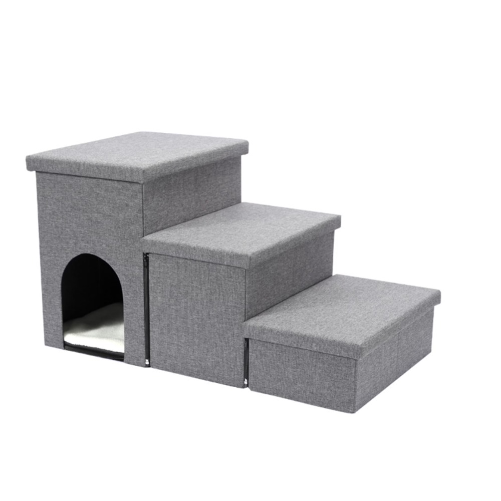 Chengjun 3-steps Linen-look Fabric Foldable Storage Pet Stairs